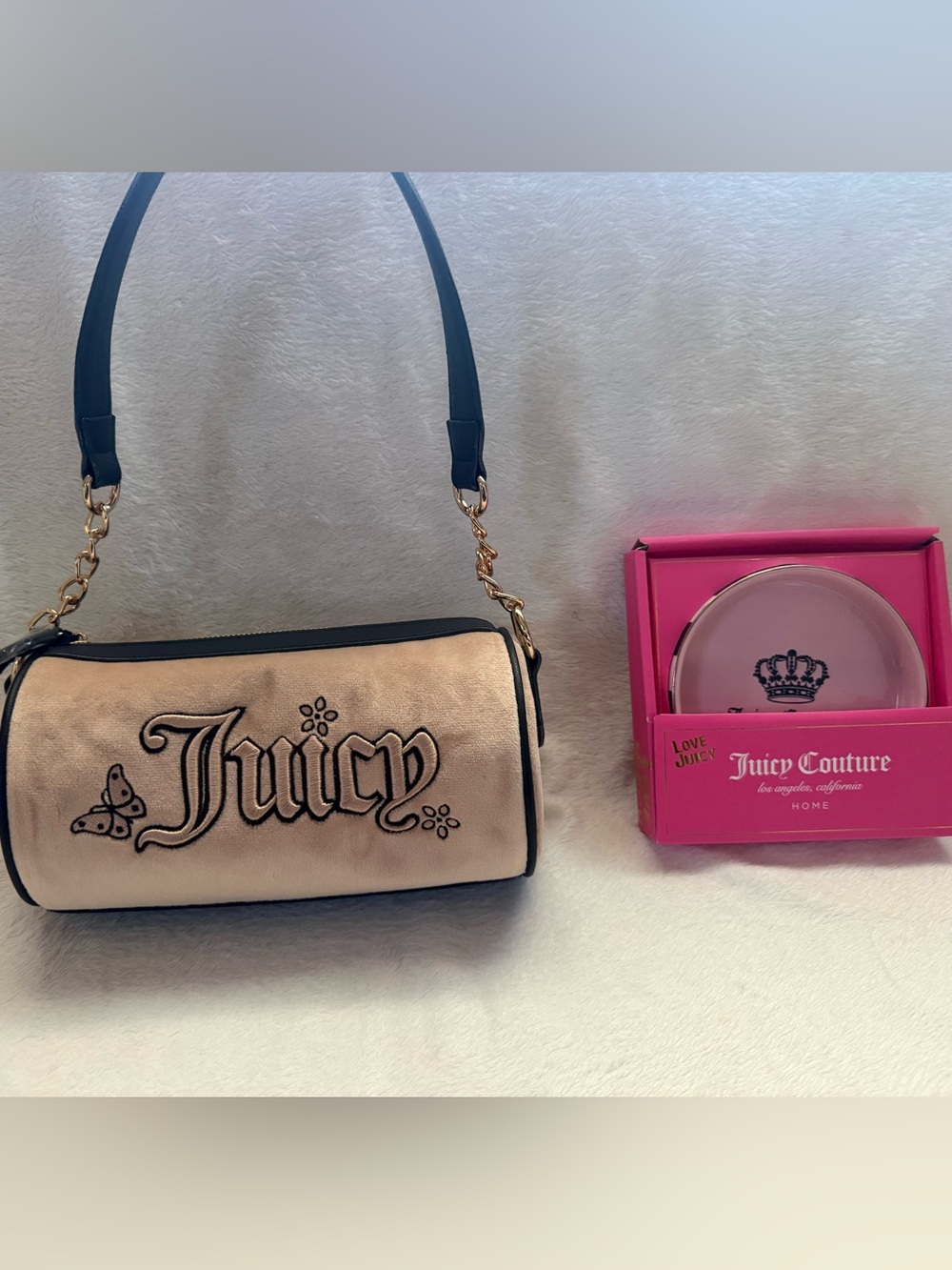 Juicy Couture Buff Beige Juicy In The Sky Barrel Bag W Ceramic Trinket Tray 🦋